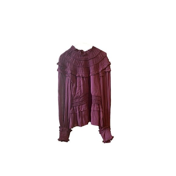 Farm Rio Ruffled Sheer Smocked Blouse Burgundy Maroon NWOT - Picture 6 of 12